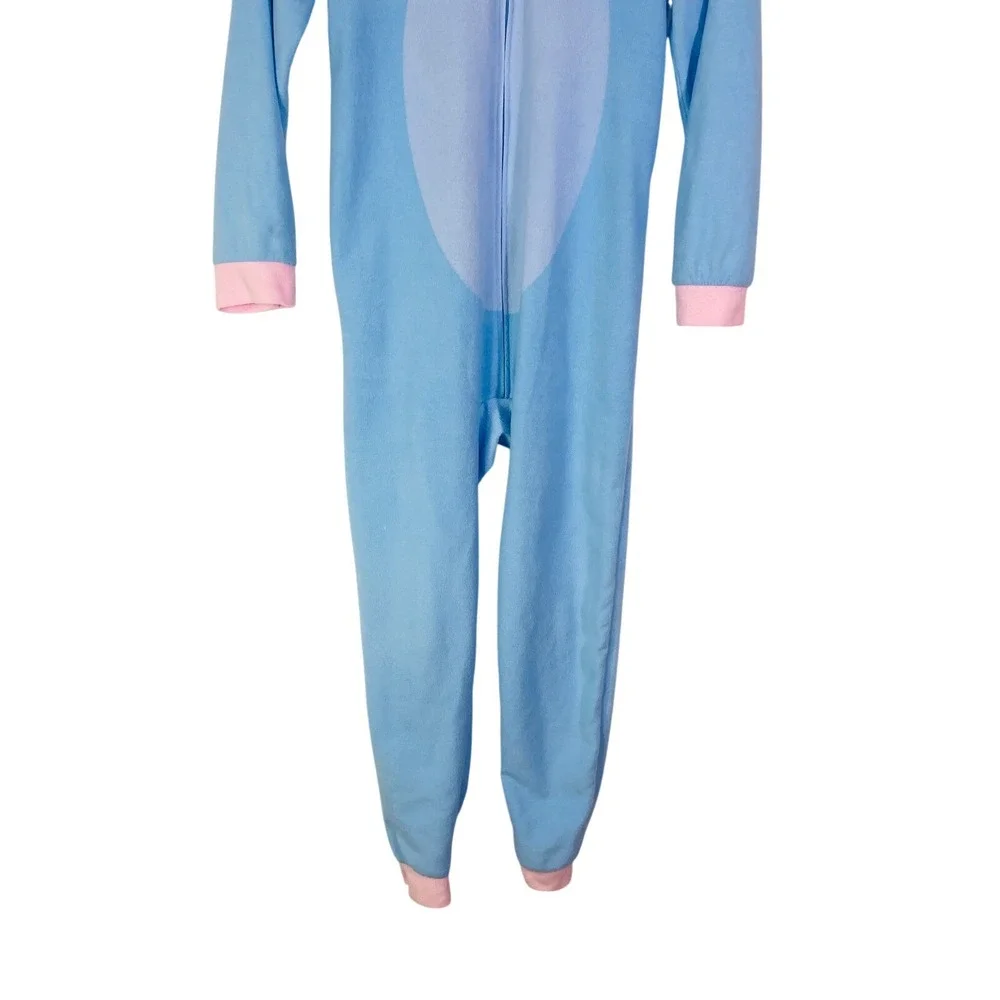 Disney Stitch Blue Fleece‎ Hooded Union Suit One Piece Pajamas Kids Sz 10/12